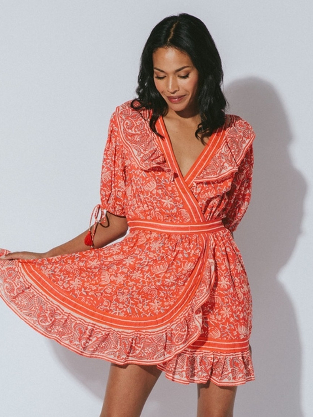 Cleobella Bohemian Red Floral Wrap Dress Tassle Sleaves Womans Large runs small